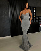 Black Sheath Spaghetti Straps Open Back Sequins Prom Dresses