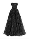 A Line Strapless Pleating Long Prom Dress With Applique