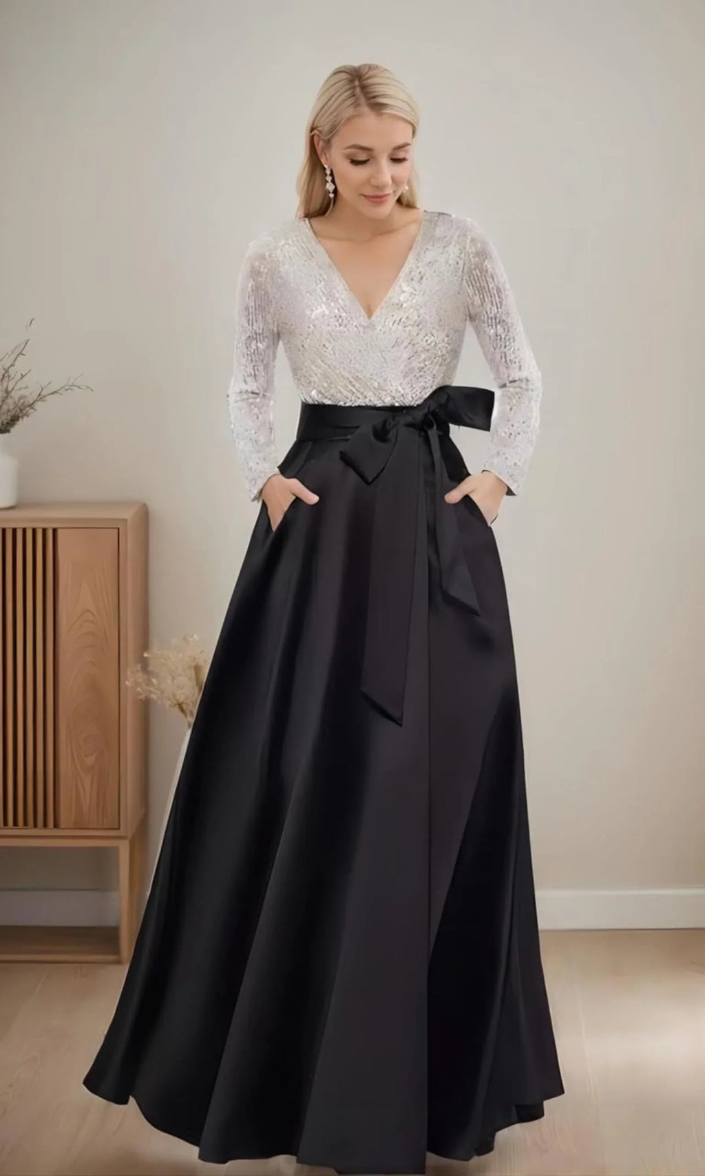 Long Sleeve Bow Dress Sequin Top Gown With A Bow