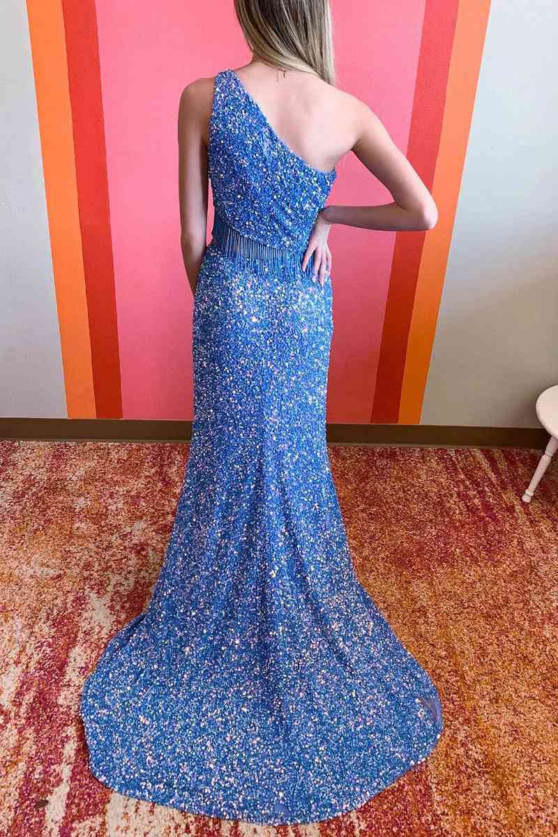 Two Piece Sequined One Shoulder Long Party Dress with Tassel