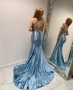 Blue Long Mermaid Evening Dresses with Glitter Criss-cross Straps Prom Dresses