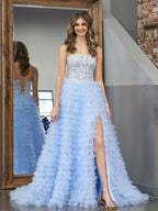 Sky Blue A-Line Tiered Sequins Tulle Long Prom Dress