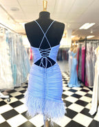 Sheath Blue Homecoming Dress with Feathers