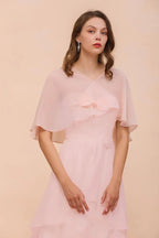 Blushing Pink Bridesmaid Dress Knee Length Simple Chiffon Girls Party Dress with Wraps