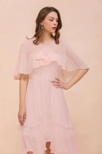 Blushing Pink Bridesmaid Dress Knee Length Simple Chiffon Girls Party Dress with Wraps