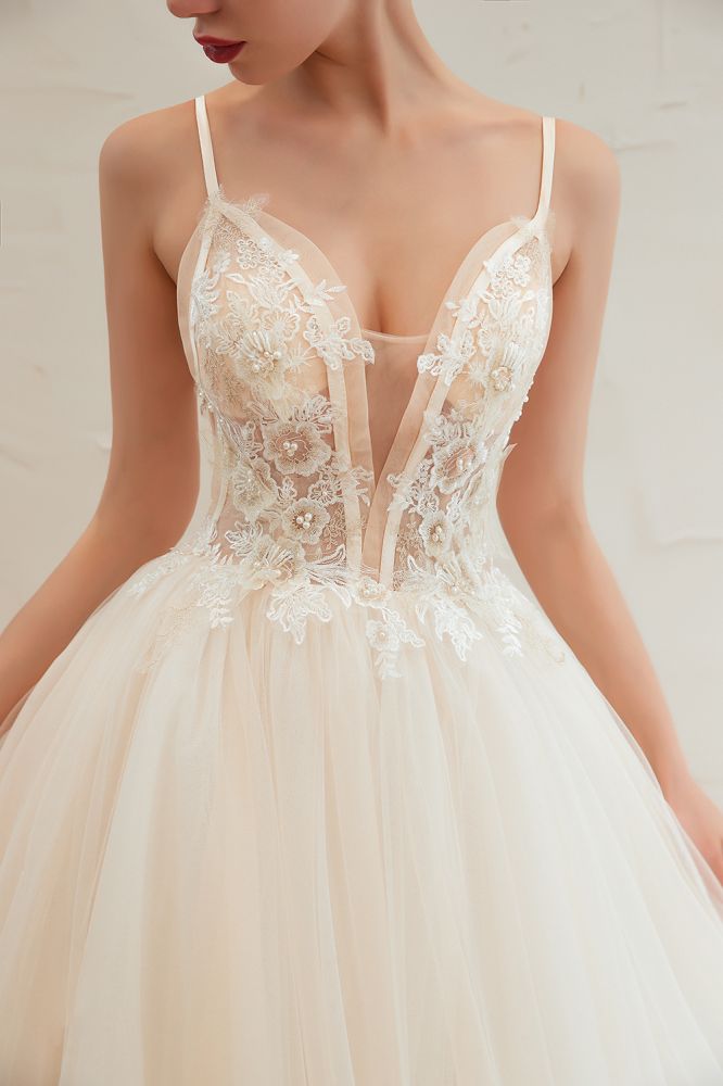 Boho Spaghetti Straps Ivory Ball Gown Tulle Aline Wedding Dress