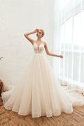 Boho Spaghetti Straps Ivory Ball Gown Tulle Aline Wedding Dress