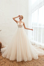 Boho Spaghetti Straps Ivory Ball Gown Tulle Aline Wedding Dress