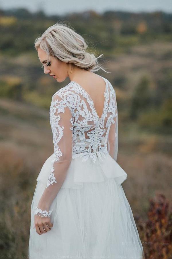 Boho Wedding Dress  V Back Bridal Lace Gown Separates Wedding Dress