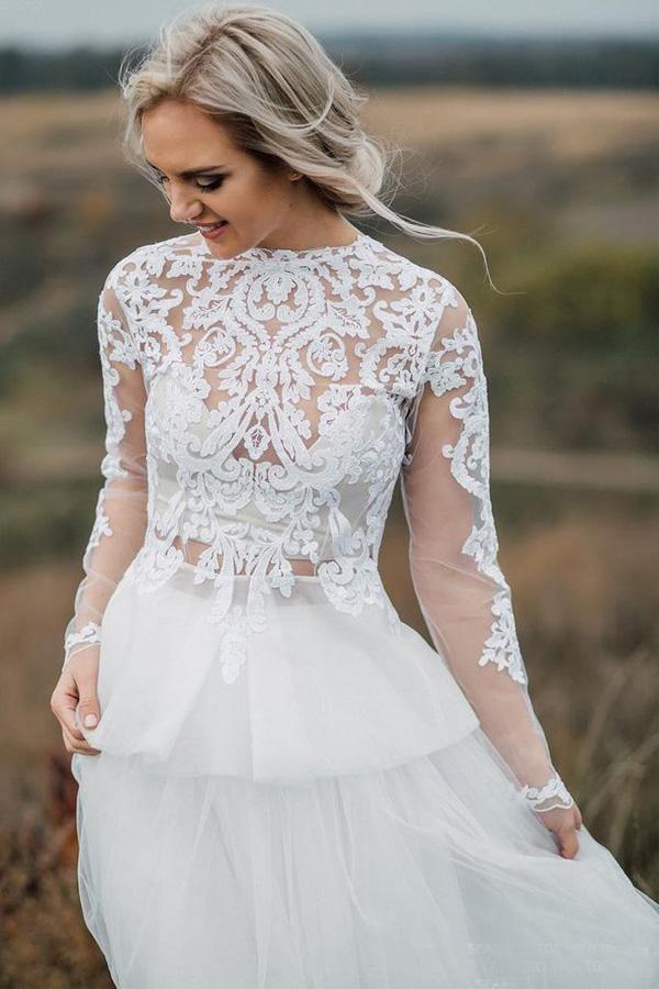 Boho Wedding Dress  V Back Bridal Lace Gown Separates Wedding Dress