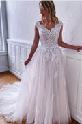 Boho White A-Line Sleeveless Wedding Dresses With Lace