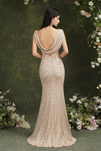 Brilliant Scoop Neck Sequins Backless Mermaid Bridesmaid/Prom Dress With Side Slit