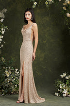 Brilliant Scoop Neck Sequins Backless Mermaid Bridesmaid/Prom Dress With Side Slit