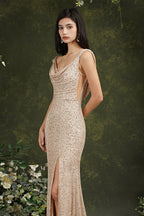 Brilliant Scoop Neck Sequins Backless Mermaid Bridesmaid/Prom Dress With Side Slit