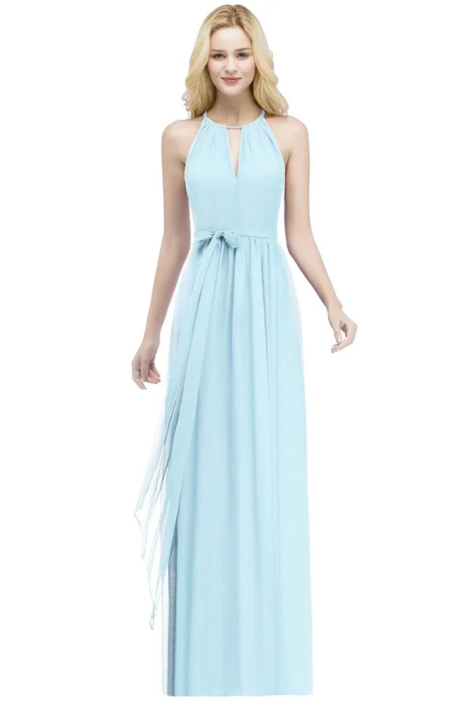 Burgundy Halter A-line Floor Length Bridesmaid Dresses with Bow Sash