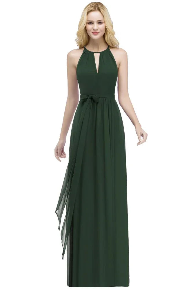 Burgundy Halter A-line Floor Length Bridesmaid Dresses with Bow Sash