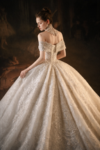 Luxury Off Shoulder Ball Gown Wedding Dress with Corset & Lace Train
