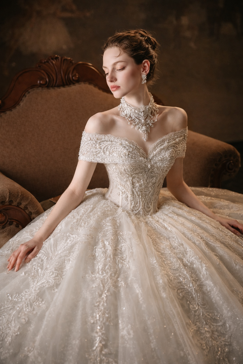 Luxury Off Shoulder Ball Gown Wedding Dress with Corset & Lace Train