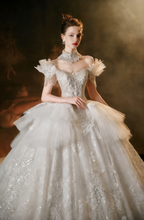 Romantic Off-Shoulder Lace Ball Gown Wedding Dress with Sculpted Bodice
