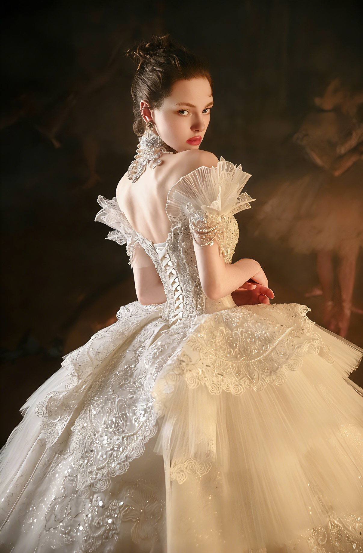 Romantic Off-Shoulder Lace Ball Gown Wedding Dress with Sculpted Bodice