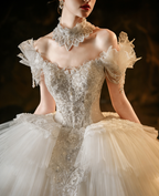 Romantic Off-Shoulder Lace Ball Gown Wedding Dress with Sculpted Bodice