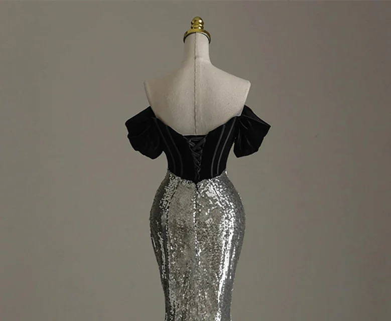 Chic Silver Mermaid Sequins Off the Shoulder Beading Prom Dress Evening Dress Y7613