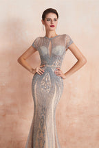 Glamorous Mermaid Beadings Long Prom Dress With Short Sleeves