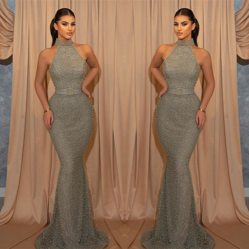 Long Halter Mermaid Sleeveless Evening Prom Dress