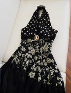 Elegant Black Halter Satin Print Floral Sequins Evening Dress Long ALine Prom Dress Y8568