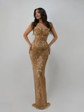 Luxury Deep V-neck Evening Dress Gold Sexy Crystals Beading Prom Customized Shiny Floor-length Bridal Dresses Vestidos De Novia