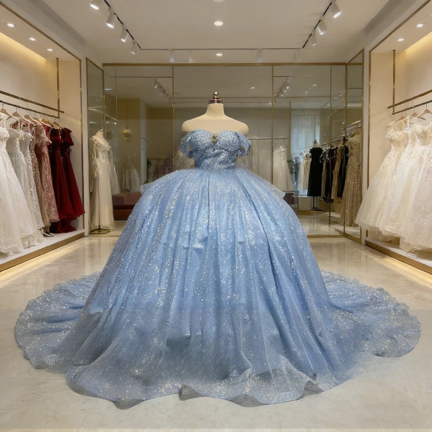 Real Picture Sky Blue Cap Sleeve Pearls Tiered Ball Gown Tulle Shinny Women Prom Party Occasion Wear Quinceanera 15 Customized