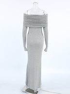 Long Sleeves Skinny Pleated Solid Color Split-Joint Off-The-Shoulder Evening Dresses Maxi Dresses