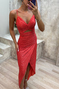 Night of Luxury Sequin Cutout Ruched Slit Evening Maxi Dress