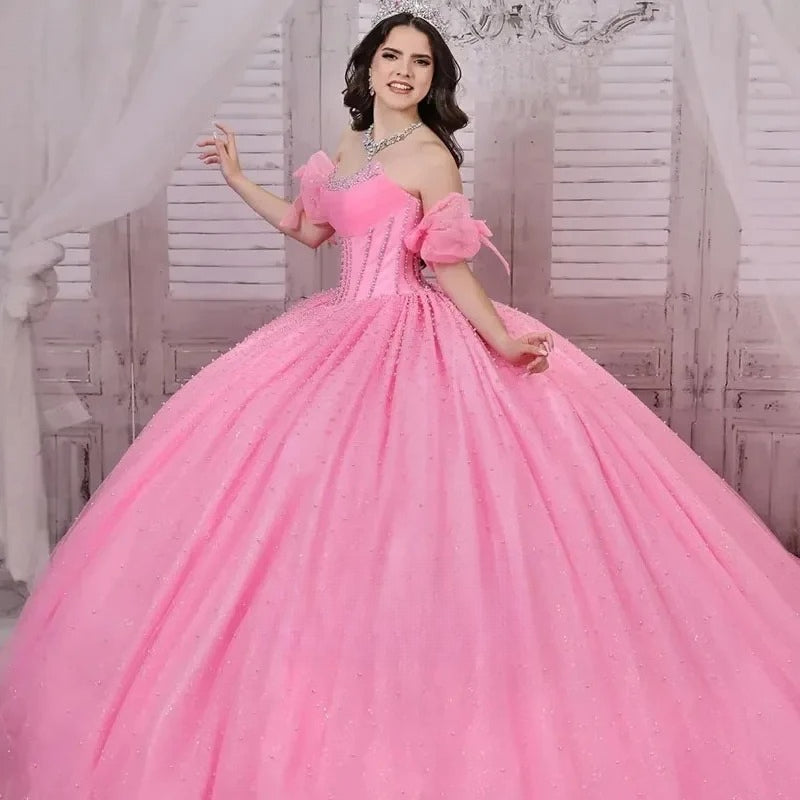 Starsync Customized Bright Quinceanera Dress Luxuly Pearl Sparkle bead Strapless shawl skirt Detachable bow sleeves Vestidos