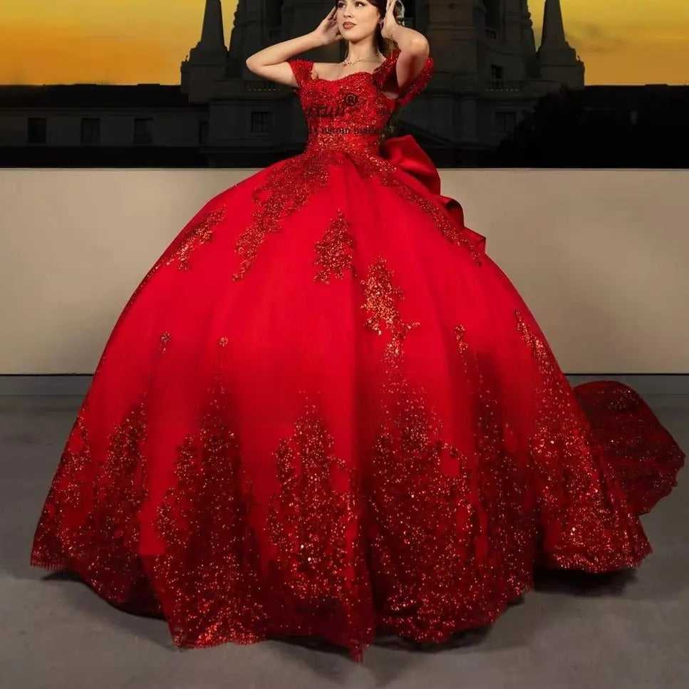 Ball Gown Quinceanera Dress Lace Applique Sequins Mexican Sweet 16 Dress Off Shoulder With Bow Vestidos De 15 Años Customized
