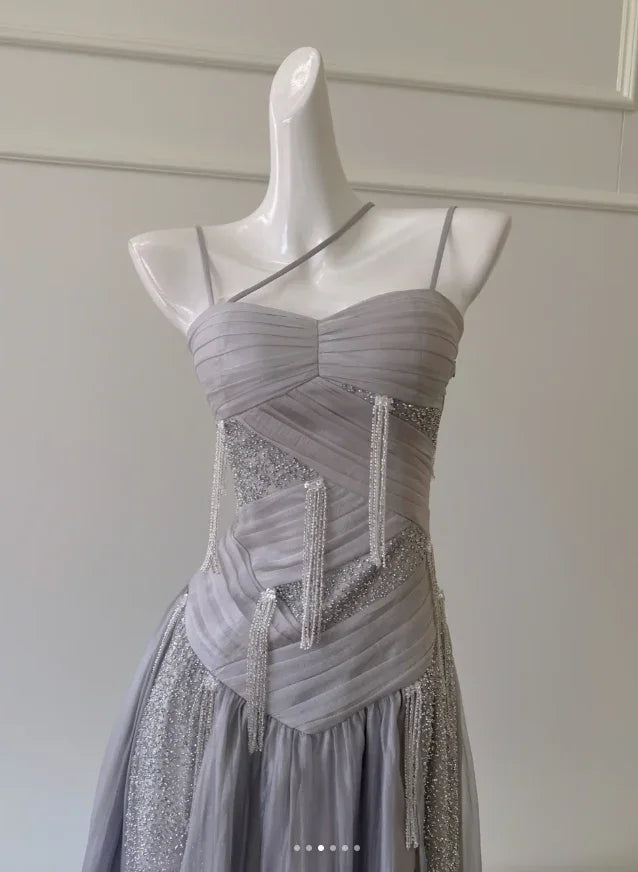 Classy Purple Sequins Tulle Beaded Tassel Prom Dress A Line Evening Dress Y8586