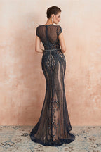 Glamorous Mermaid Beadings Long Prom Dress With Short Sleeves