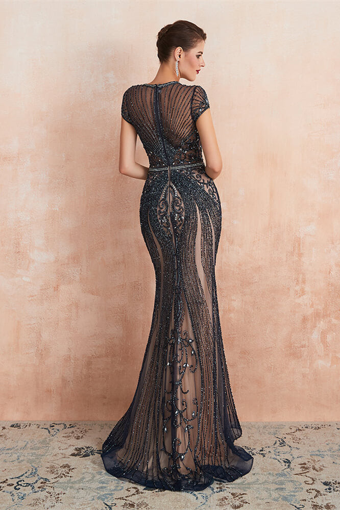 Glamorous Mermaid Beadings Long Prom Dress With Short Sleeves