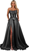 Strapless Corset Prom Dresses for Women with Slit Long Satin Formal Evening Gowns with Pockets Elegant Sleeveless Party Dress