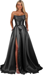 Strapless Corset Prom Dresses for Women with Slit Long Satin Formal Evening Gowns with Pockets Elegant Sleeveless Party Dress