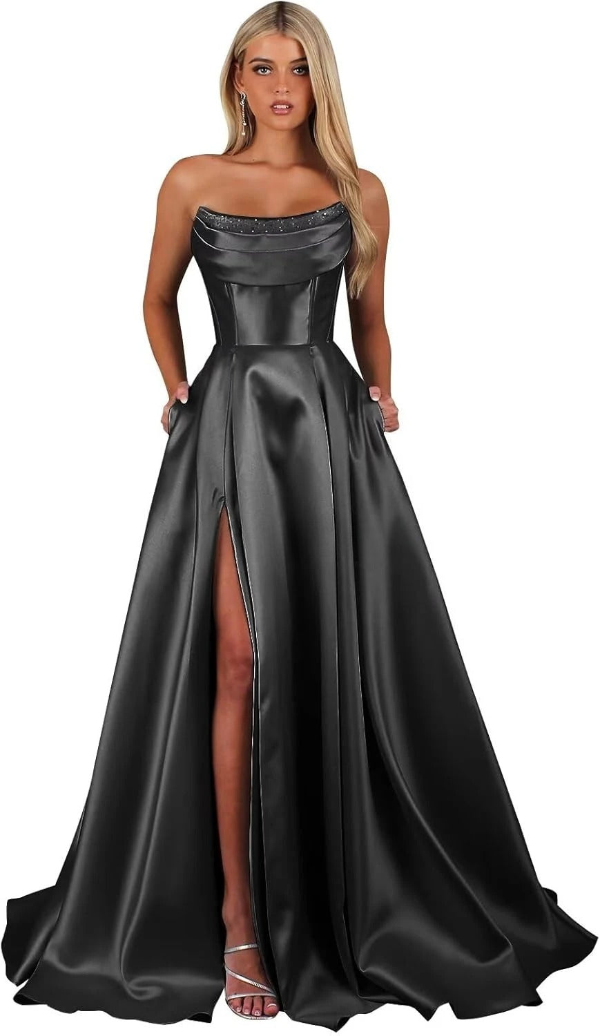 Strapless Corset Prom Dresses for Women with Slit Long Satin Formal Evening Gowns with Pockets Elegant Sleeveless Party Dress