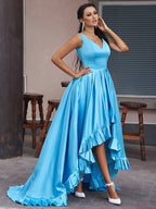 Hi-Lo Sapphire Serenity V-Neck Sleeveless A-Line Evening Gown
