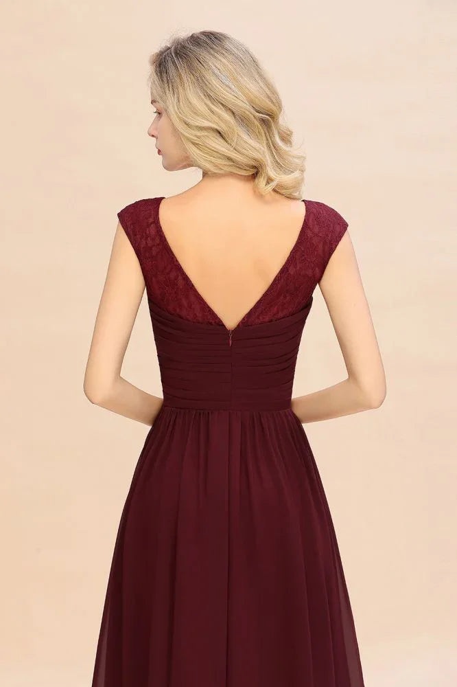 Cap Sleeve Burgundy Evening Maxi Gown Chiffon Floor Length Bridesmaid Dress