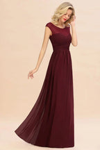 Cap Sleeve Burgundy Evening Maxi Gown Chiffon Floor Length Bridesmaid Dress