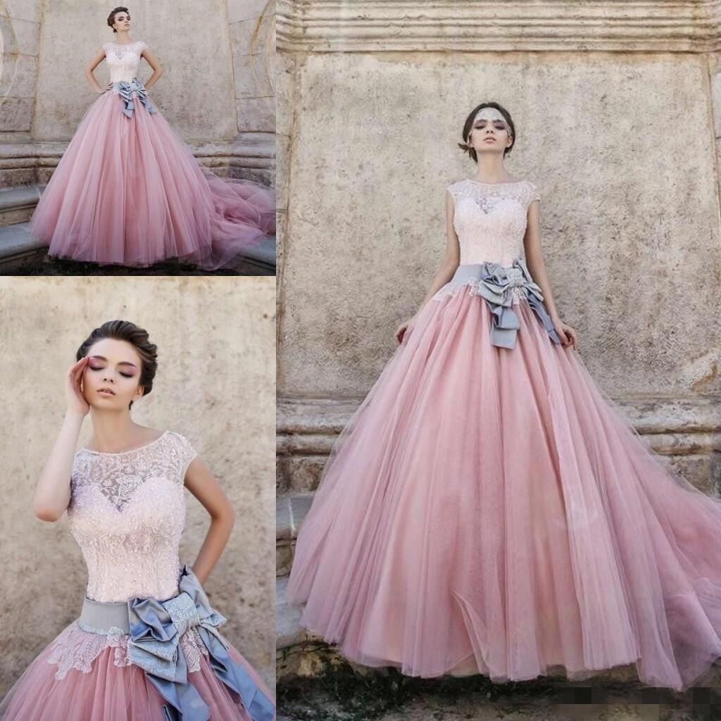 Cap Sleeves Ball-Gown Lace Bowknot Pink  Tulle Wedding Dresses
