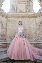 Cap Sleeves Ball-Gown Lace Bowknot Pink  Tulle Wedding Dresses