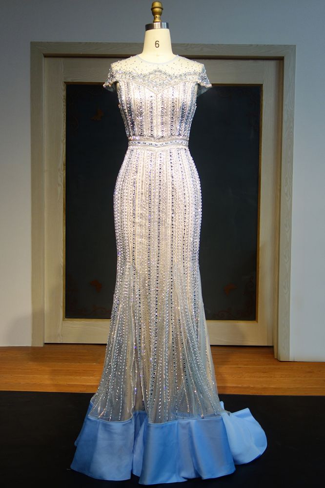 Cap Sleeves Floor Length Mermaid Beading Prom Dresses with Crystals