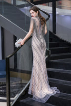 Cap Sleeves High Neck Sparkly Beads Floor-Length Mermaid Evening Party Gown