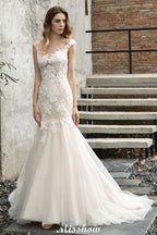 Cap Sleeves Lace Mermaid Wedding Dress White/Ivory Floral Garden Bridal Gown