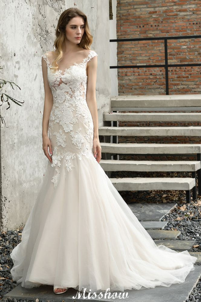 Cap Sleeves Lace Mermaid Wedding Dress White/Ivory Floral Garden Bridal Gown